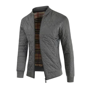 Men's quilted fleece jacket winter thermal slim fit bomber coat with plaid lining.