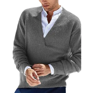 Men's V-Neck Solid Color Long Sleeve Knitted Sweater Casual Pullover Top Main View
