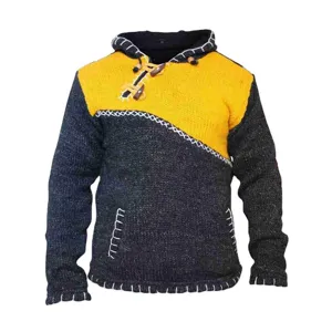Pull à Capuche Patchwork Décontracté pour Homme Manches Longues Tricot Automne Chaud