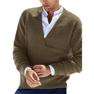 Men V-Neck Long Sleeve Knit Sweater Solid Color Casual Pullover Top Fashion Male Apparel