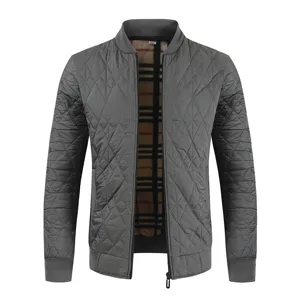 Men quilted bomber jacket dark gray stand collar zip winter warm casual outerwear