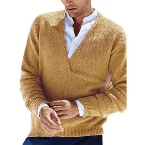 Men's V-neck knitted pullover sweater solid color long sleeve casual daily top fashion apparel