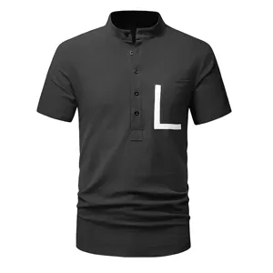 Men's casual cotton linen short sleeve henley shirt with chest pocket and letter detail.
