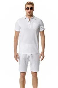 Men casual cotton linen lapel short sleeve shirt and shorts detail view in white color.