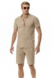Men casual cotton linen set short sleeve henley shirt and matching shorts beach outfit khaki
