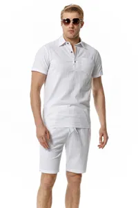Detailed shot of the white cotton linen lapel short sleeve shirt and shorts set for men.