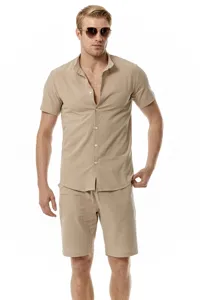 Detail view of the men's casual linen short-sleeve shirt and matching shorts set in khaki.