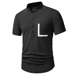 Men's short sleeve linen henley shirt with chest pocket and letter print, casual summer top.