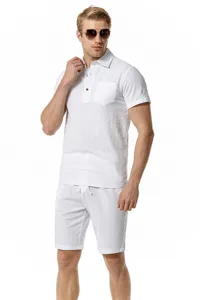 Men's white linen polo shirt and shorts set, casual summer beach outfit detail view.