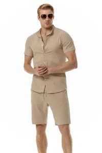 Men's casual cotton linen set detail, short sleeve henley shirt and beach shorts outfit.
