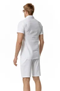 Men casual linen short sleeve shirt and shorts set beach two piece outfit white summer