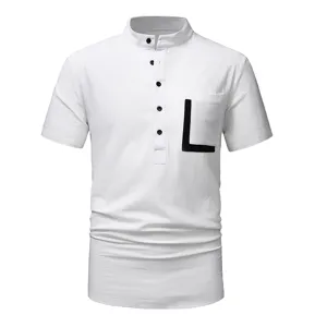 Close-up of men's casual short sleeve henry collar shirt detail with contrast pocket design.