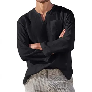 Herren Langarm V-Ausschnitt Freizeit Strand Leinenhemd einfarbig lose bequeme Tops