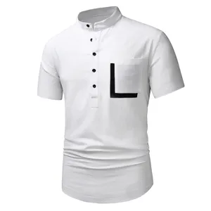 Men's casual short sleeve henley shirt with contrasting pocket details and stand collar.