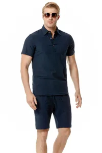Men's casual cotton-linen polo shirt and shorts set detail view in deep blue color.