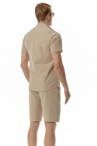 Men's casual linen short sleeve shirt and matching shorts set summer beach two piece outfit.
