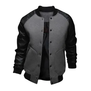 Men's contrast leather sleeve varsity jacket, stand collar casual bomber coat with pockets.