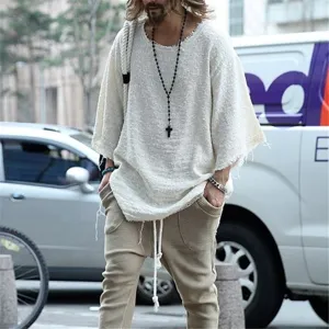 Top uomo ampio manica lunga strutturato streetwear casual design sfilacciato vista dettaglio