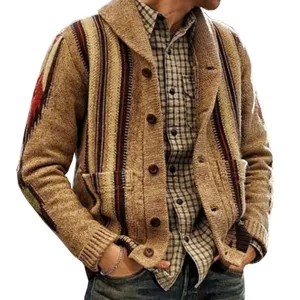 Cárdigan de punto vintage para hombre con solapa y elegante diseño de rayas para otoño.