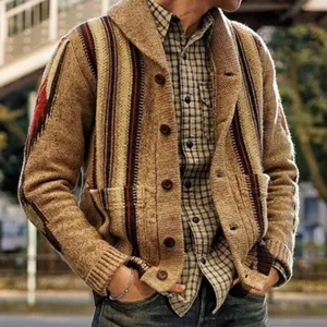 Suéter Cardigan de Punto Casual para Hombre Vintage Franja Geométrica Cuello Rebatible Manga Larga Abotonado Ropa de Abrigo Invierno