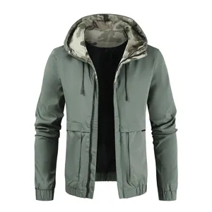Men's military green hooded jacket with camo inner lining and big pockets for casual wear.