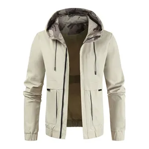 Men's hooded jacket casual utility outerwear with camo hood lining and spacious pockets.