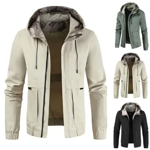 Men's casual hooded jacket detail showing zipper, camouflage lining, and pockets.