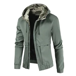 Mens Hooded Casual Jacket Green Camouflage Lining Full Zip Outdoor Outerwear Coat