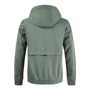 Back view detail of men's solid army green hooded casual jacket with long sleeves and ribbed hem.