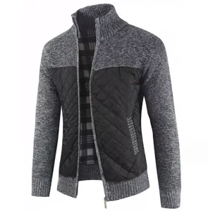 Men's winter knit cardigan detail, color block quilted front, warm fleece lining.