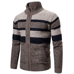 Men's Casual Striped Long Sleeve Cardigan Sweater Stand Collar Full Zip Slim Fit Knitwear
