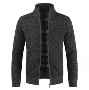 Men's stand collar zip-up knitted cardigan jacket with quilted front panels and plaid lining.