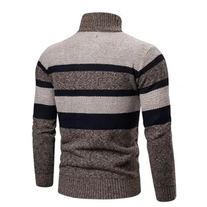 Men's striped knit sweater detail, back view showcasing stand collar and sleeve texture.