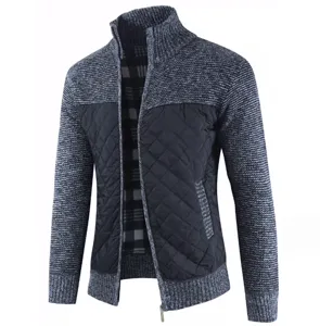 Men's Casual Stand Collar Full Zip Fleece Lined Knit Cardigan Sweater Jacket Colorblock Patchwork Thermal Outerwear