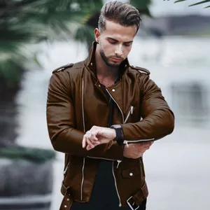 Veste de moto en cuir marron élégante pour hommes avec fermetures éclair et col montant chic