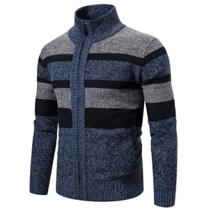 Men knit cardigan sweater detail, striped design, full zip mock neck, soft comfortable fabric.