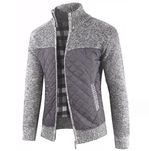 Men's fleece lined zip knit cardigan jacket with quilted front panels and stand collar.