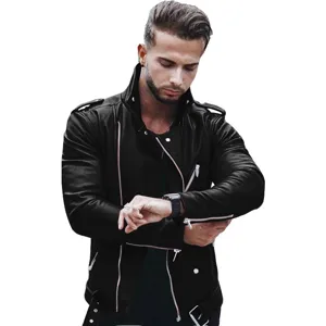 Vue detaillee de la veste en cuir noire pour homme, design zippe elegant pour automne hiver.