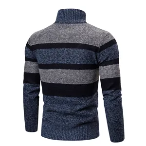 Back view detail of men's stand collar striped knit sweater, comfortable long sleeve texture.