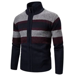 Detailed view of the men's striped knit cardigan sweater with stand collar and zipper.