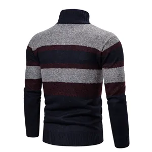 Back detail view of men's turtleneck striped knit sweater featuring textured fabric.