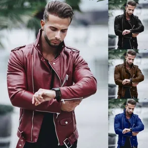 Veste de moto en similicuir pour homme fermeture éclair asymétrique col montant casual
