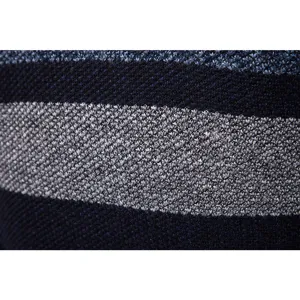 Men's striped knitwear fabric detail close-up, showing clear texture and blue stripes.
