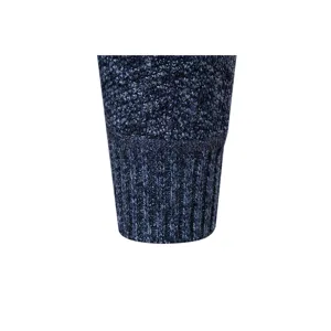 Men's blue knit sweater sleeve detail closeup, showing ribbed cuff and soft texture fabric.