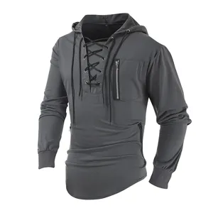 Men's dark grey tactical hoodie with lace-up front and zipper pockets for streetwear style.