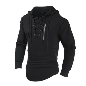 Mens black hoodie with lace-up front and zipper pockets, stylish streetwear for autumn.