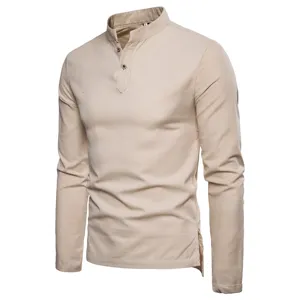 Herren Baumwolle Leinen Langarm Henley Hemd Stehkragen Business Casual Slim Fit Pullover Top Einfarbig Frühling Sommer Atmungsaktives Hemd