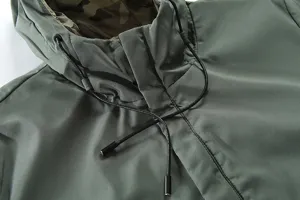 Detailed close-up view of mens army green hooded jacket featuring adjustable drawstring and camo lining.