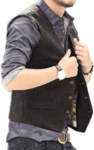 Close-up view of men's herringbone tweed vest featuring classic single-breasted V-neck design.