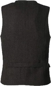 Men's herringbone tweed suit vest detail view, classic single-breasted waistcoat for business.